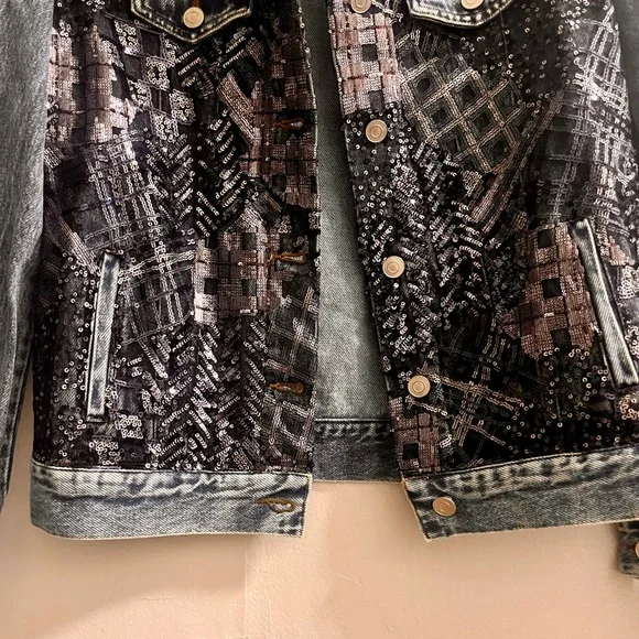 nwt 🆕 denim moto jacket with abstract plaid sequins - Picture 10 of 16
